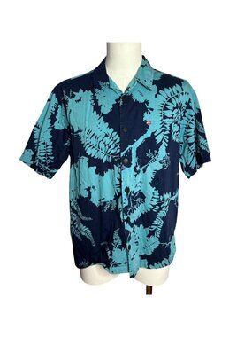 Quicksilver Button Up Hawaiian Shirt L Blue Camp Short Sleeves Pocket Cotton